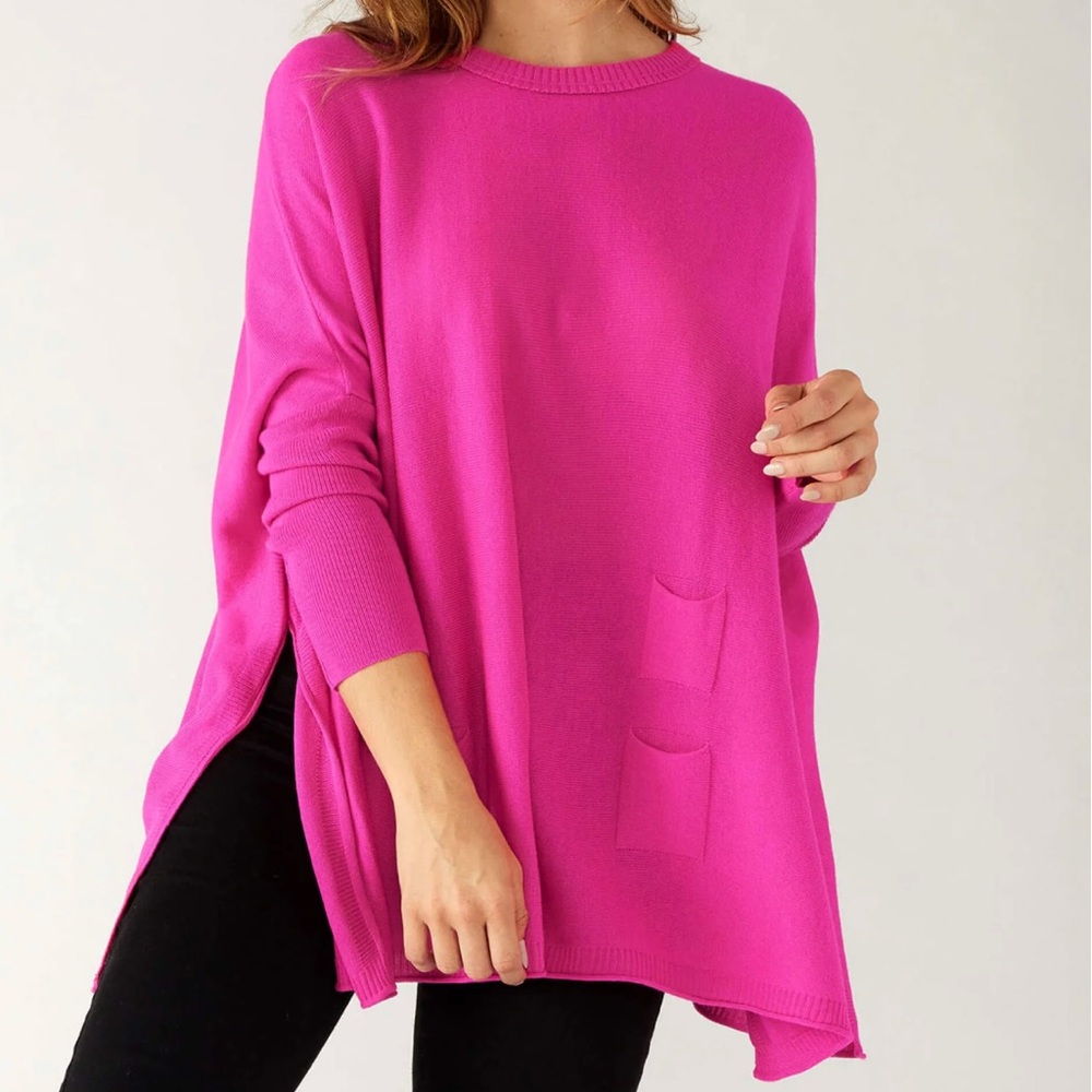 Women's Crew Neck Sweater 3/4 Length Sleeve- Pink